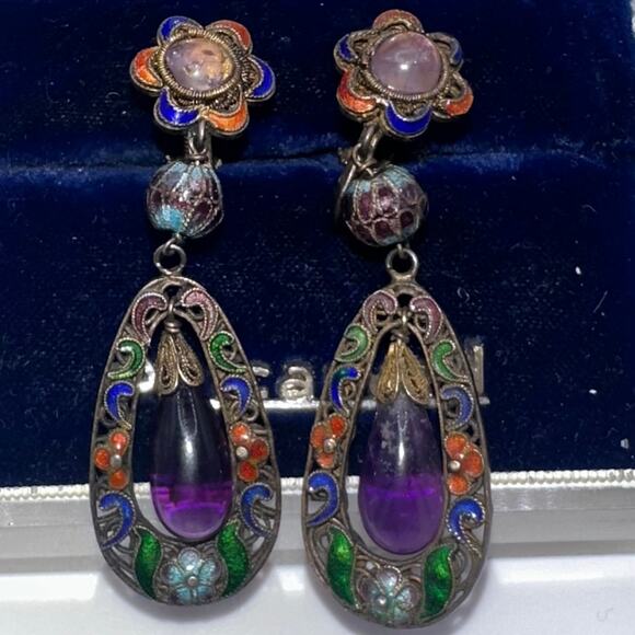 Antique Chinese silver gold plated amethyst cloisonné enamel screw back earrings - Picture 3 of 10